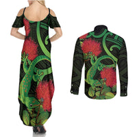 New Zealand Gecko Couples Matching Summer Maxi Dress and Long Sleeve Button Shirt Aotearoa Maori With Pohutukawa Flowers LT14 - Polynesian Pride
