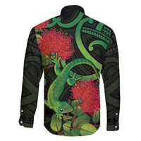 New Zealand Gecko Family Matching Off Shoulder Maxi Dress and Hawaiian Shirt Aotearoa Maori With Pohutukawa Flowers LT14 - Polynesian Pride