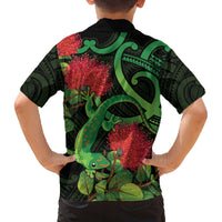 New Zealand Gecko Family Matching Tank Maxi Dress and Hawaiian Shirt Aotearoa Maori With Pohutukawa Flowers