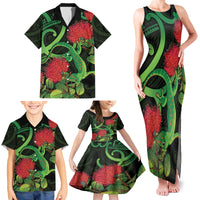New Zealand Gecko Family Matching Tank Maxi Dress and Hawaiian Shirt Aotearoa Maori With Pohutukawa Flowers