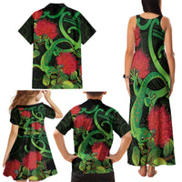 New Zealand Gecko Family Matching Tank Maxi Dress and Hawaiian Shirt Aotearoa Maori With Pohutukawa Flowers