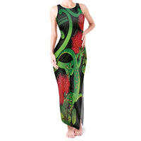 New Zealand Gecko Tank Maxi Dress Aotearoa Maori With Pohutukawa Flowers LT14 Women Black - Polynesian Pride