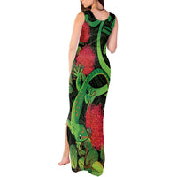 New Zealand Gecko Tank Maxi Dress Aotearoa Maori With Pohutukawa Flowers LT14 - Polynesian Pride