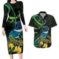 New Zealand Tui Bird Couples Matching Long Sleeve Bodycon Dress and Hawaiian Shirt Aotearoa Maori With Kowhai Flowers LT14 Black - Polynesian Pride