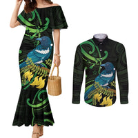 New Zealand Tui Bird Couples Matching Mermaid Dress and Long Sleeve Button Shirt Aotearoa Maori With Kowhai Flowers LT14 Black - Polynesian Pride