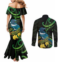 New Zealand Tui Bird Couples Matching Mermaid Dress and Long Sleeve Button Shirt Aotearoa Maori With Kowhai Flowers LT14 - Polynesian Pride