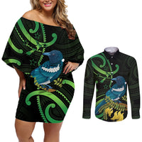 New Zealand Tui Bird Couples Matching Off Shoulder Short Dress and Long Sleeve Button Shirt Aotearoa Maori With Kowhai Flowers LT14 Black - Polynesian Pride