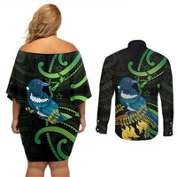New Zealand Tui Bird Couples Matching Off Shoulder Short Dress and Long Sleeve Button Shirt Aotearoa Maori With Kowhai Flowers LT14 - Polynesian Pride