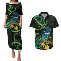 New Zealand Tui Bird Couples Matching Puletasi and Hawaiian Shirt Aotearoa Maori With Kowhai Flowers LT14 Black - Polynesian Pride