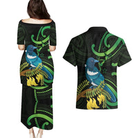 New Zealand Tui Bird Couples Matching Puletasi and Hawaiian Shirt Aotearoa Maori With Kowhai Flowers LT14 - Polynesian Pride