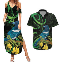 New Zealand Tui Bird Couples Matching Summer Maxi Dress and Hawaiian Shirt Aotearoa Maori With Kowhai Flowers LT14 Black - Polynesian Pride