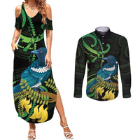 New Zealand Tui Bird Couples Matching Summer Maxi Dress and Long Sleeve Button Shirt Aotearoa Maori With Kowhai Flowers LT14 Black - Polynesian Pride