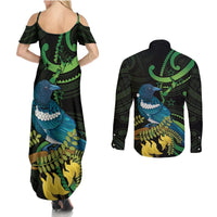 New Zealand Tui Bird Couples Matching Summer Maxi Dress and Long Sleeve Button Shirt Aotearoa Maori With Kowhai Flowers LT14 - Polynesian Pride