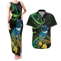 New Zealand Tui Bird Couples Matching Tank Maxi Dress and Hawaiian Shirt Aotearoa Maori With Kowhai Flowers LT14 Black - Polynesian Pride