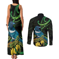 New Zealand Tui Bird Couples Matching Tank Maxi Dress and Long Sleeve Button Shirt Aotearoa Maori With Kowhai Flowers LT14 - Polynesian Pride