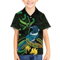 New Zealand Tui Bird Family Matching Puletasi and Hawaiian Shirt Aotearoa Maori With Kowhai Flowers LT14 Son's Shirt Black - Polynesian Pride