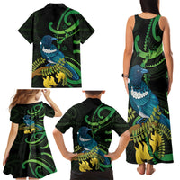 New Zealand Tui Bird Family Matching Tank Maxi Dress and Hawaiian Shirt Aotearoa Maori With Kowhai Flowers