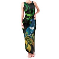 New Zealand Tui Bird Family Matching Tank Maxi Dress and Hawaiian Shirt Aotearoa Maori With Kowhai Flowers