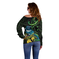New Zealand Tui Bird Off Shoulder Sweater Aotearoa Maori With Kowhai Flowers