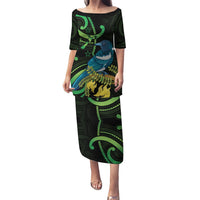 New Zealand Tui Bird Puletasi Aotearoa Maori With Kowhai Flowers LT14 Long Dress Black - Polynesian Pride
