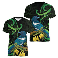 New Zealand Tui Bird Women V-Neck T-Shirt Aotearoa Maori With Kowhai Flowers