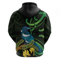 New Zealand Tui Bird Zip Hoodie Aotearoa Maori With Kowhai Flowers