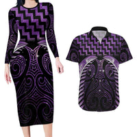 Purple Matariki New Zealand Couples Matching Long Sleeve Bodycon Dress and Hawaiian Shirt Maori Poutama Galaxy Vibes