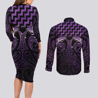 Purple Matariki New Zealand Couples Matching Long Sleeve Bodycon Dress and Long Sleeve Button Shirt Maori Poutama Galaxy Vibes