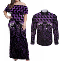 Purple Matariki New Zealand Couples Matching Off Shoulder Maxi Dress and Long Sleeve Button Shirt Maori Poutama Galaxy Vibes