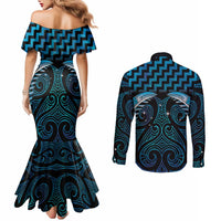 Blue Matariki New Zealand Couples Matching Mermaid Dress and Long Sleeve Button Shirt Maori Poutama Galaxy Vibes