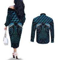 Blue Matariki New Zealand Couples Matching Off The Shoulder Long Sleeve Dress and Long Sleeve Button Shirt Maori Poutama Galaxy Vibes