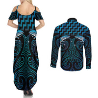 Blue Matariki New Zealand Couples Matching Summer Maxi Dress and Long Sleeve Button Shirt Maori Poutama Galaxy Vibes