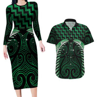 Green Matariki New Zealand Couples Matching Long Sleeve Bodycon Dress and Hawaiian Shirt Maori Poutama Galaxy Vibes