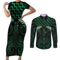 Green Matariki New Zealand Couples Matching Short Sleeve Bodycon Dress and Long Sleeve Button Shirt Maori Poutama Galaxy Vibes