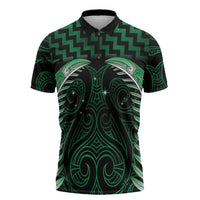 Green Matariki New Zealand Zipper Polo Shirt Maori Poutama Galaxy Vibes - Polynesian Pride