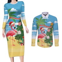Flamingo Hawaii Summer Christmas Personalized Couples Matching Long Sleeve Bodycon Dress and Long Sleeve Button Shirt Mele Kalikimaka Beachy Vibes LT14 Blue - Polynesian Pride