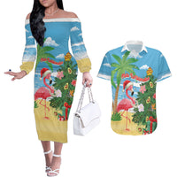 Flamingo Hawaii Summer Christmas Personalized Couples Matching Off The Shoulder Long Sleeve Dress and Hawaiian Shirt Mele Kalikimaka Beachy Vibes LT14 Blue - Polynesian Pride