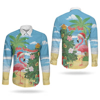 Flamingo Hawaii Summer Christmas Personalized Couples Matching Off The Shoulder Long Sleeve Dress and Long Sleeve Button Shirt Mele Kalikimaka Beachy Vibes LT14 - Polynesian Pride