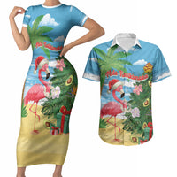 Flamingo Hawaii Summer Christmas Personalized Couples Matching Short Sleeve Bodycon Dress and Hawaiian Shirt Mele Kalikimaka Beachy Vibes LT14 Blue - Polynesian Pride