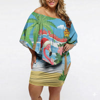 Flamingo Hawaii Summer Christmas Personalized Off Shoulder Short Dress Mele Kalikimaka Beachy Vibes LT14 Women Blue - Polynesian Pride