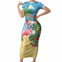 Flamingo Hawaii Summer Christmas Personalized Short Sleeve Bodycon Dress Mele Kalikimaka Beachy Vibes LT14 Long Dress Blue - Polynesian Pride