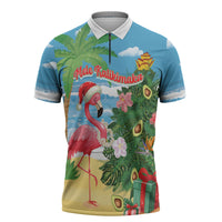 Flamingo Hawaii Summer Christmas Personalized Zipper Polo Shirt Mele Kalikimaka Beachy Vibes LT14 Blue - Polynesian Pride