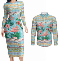 Flamingo Hawaii Summer Couples Matching Long Sleeve Bodycon Dress and Long Sleeve Button Shirt Hawaiian Lei Pakala Motifs Tropical Style LT14 Cyan - Polynesian Pride