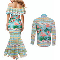Flamingo Hawaii Summer Couples Matching Mermaid Dress and Long Sleeve Button Shirt Hawaiian Lei Pakala Motifs Tropical Style LT14 - Polynesian Pride