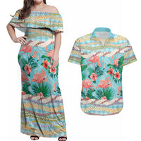 Flamingo Hawaii Summer Couples Matching Off Shoulder Maxi Dress and Hawaiian Shirt Hawaiian Lei Pakala Motifs Tropical Style LT14 Cyan - Polynesian Pride