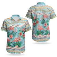 Flamingo Hawaii Summer Couples Matching Off Shoulder Maxi Dress and Hawaiian Shirt Hawaiian Lei Pakala Motifs Tropical Style LT14 - Polynesian Pride