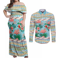 Flamingo Hawaii Summer Couples Matching Off Shoulder Maxi Dress and Long Sleeve Button Shirt Hawaiian Lei Pakala Motifs Tropical Style