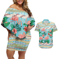 Flamingo Hawaii Summer Couples Matching Off Shoulder Short Dress and Hawaiian Shirt Hawaiian Lei Pakala Motifs Tropical Style LT14 Cyan - Polynesian Pride