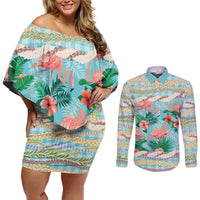 Flamingo Hawaii Summer Couples Matching Off Shoulder Short Dress and Long Sleeve Button Shirt Hawaiian Lei Pakala Motifs Tropical Style LT14 Cyan - Polynesian Pride