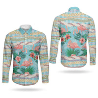 Flamingo Hawaii Summer Couples Matching Off The Shoulder Long Sleeve Dress and Long Sleeve Button Shirt Hawaiian Lei Pakala Motifs Tropical Style LT14 - Polynesian Pride